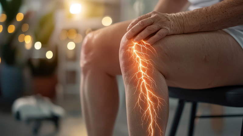 Depiction of nerve pain and fatigue: a person with exhausted legs, showing physical strain of nerve pain, focusing on discomfort and heaviness that comes with persistent aching in the lower body.